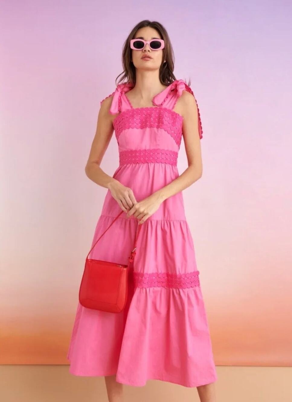 Celia B Tuckernuck Martinique Hot Pink Ric Rac Midi Tie Shoulder Dress S